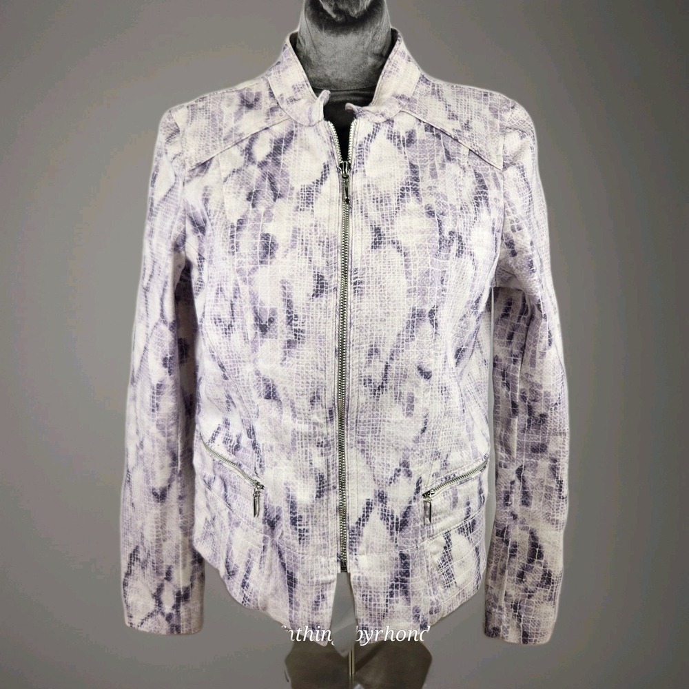 Women's Snake-Print Moto Jacket by White House Black Market, Purple & Ecru Sz 10